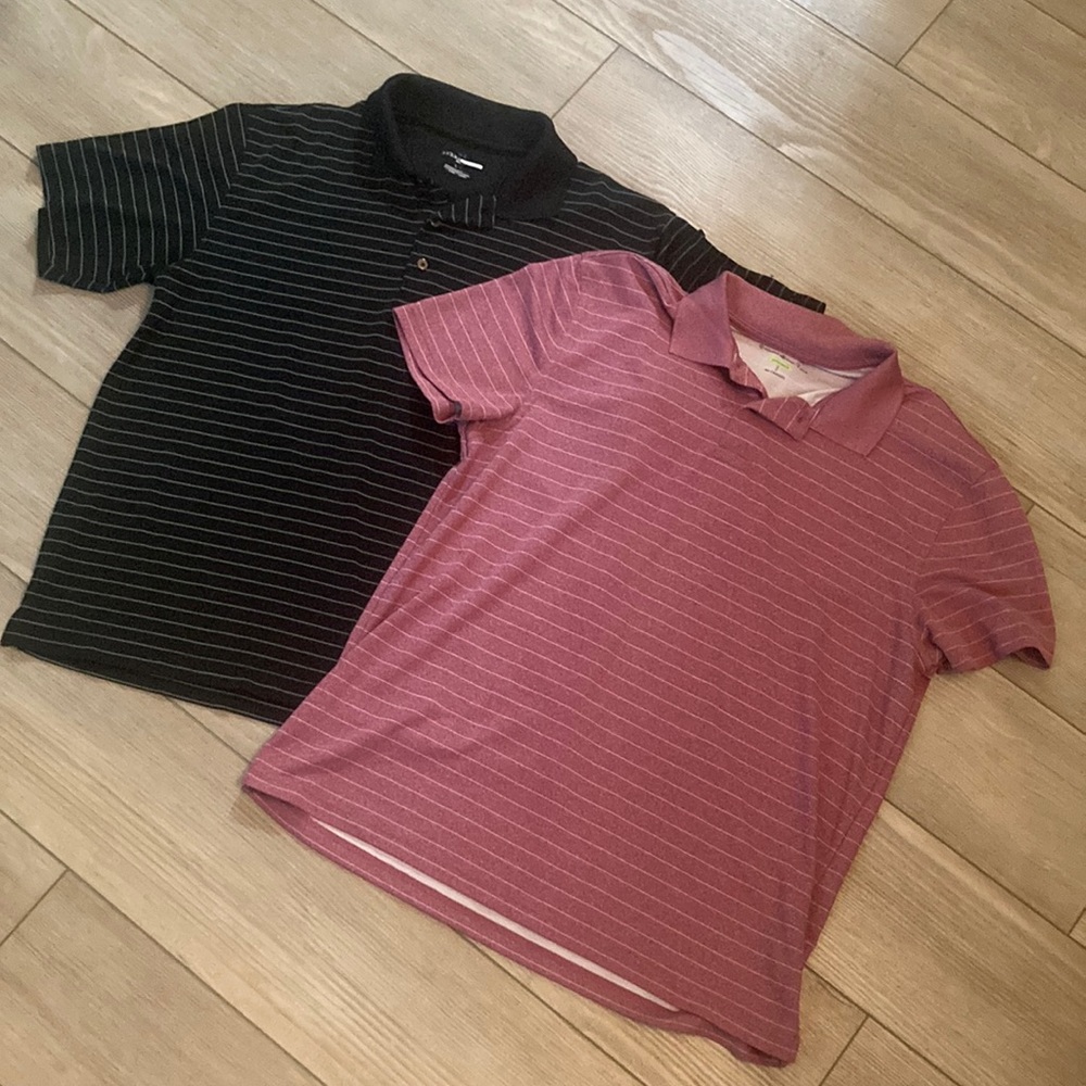 Lot of two performance polos, size large.  Maroon stripe, black stripe